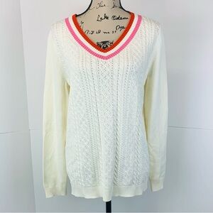 Talbots Women Size M Ivory Tennis Sweater Cable Knit Red Pink Oversized Preppy